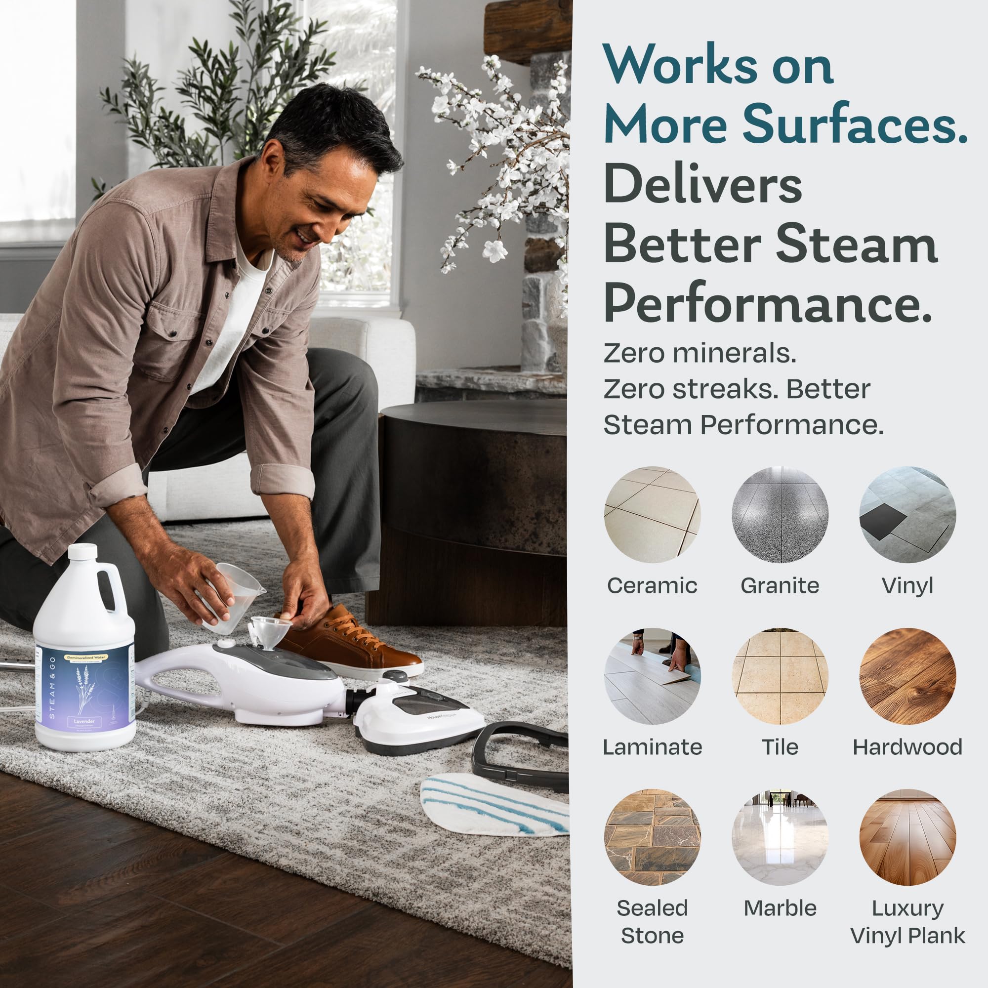 Steam cleaners demineralized water by Steam & Go no mineral residue