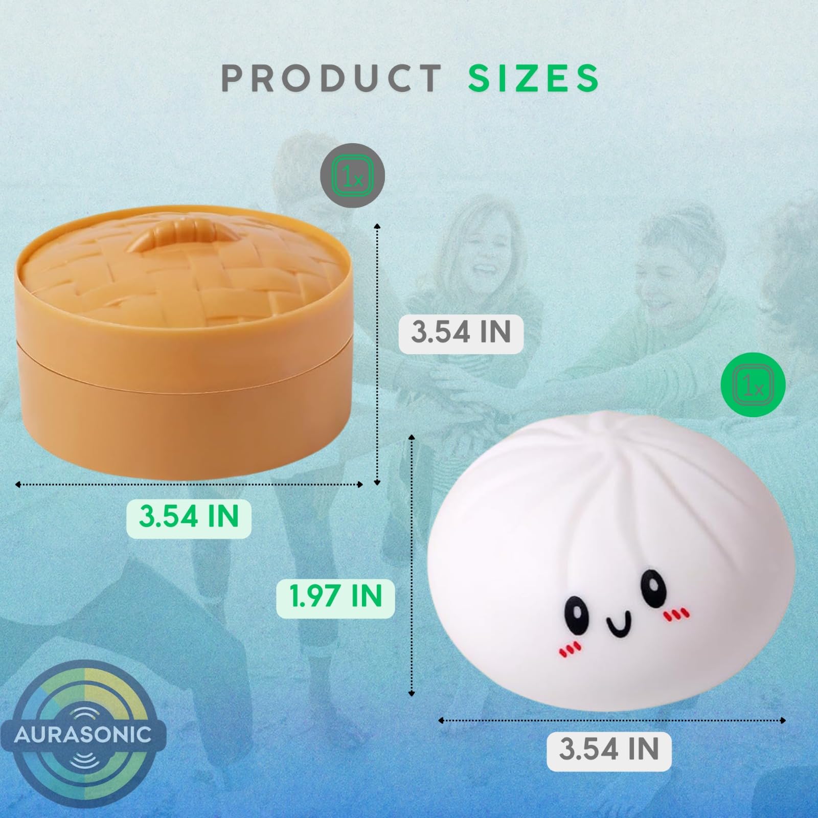 Steamer style box included with dumpling squishy toy for display