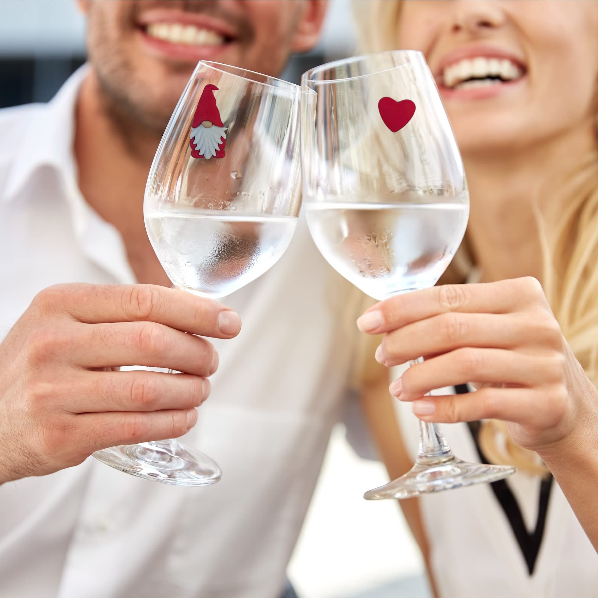 Gnome heart magnets on champagne flutes and other glasses