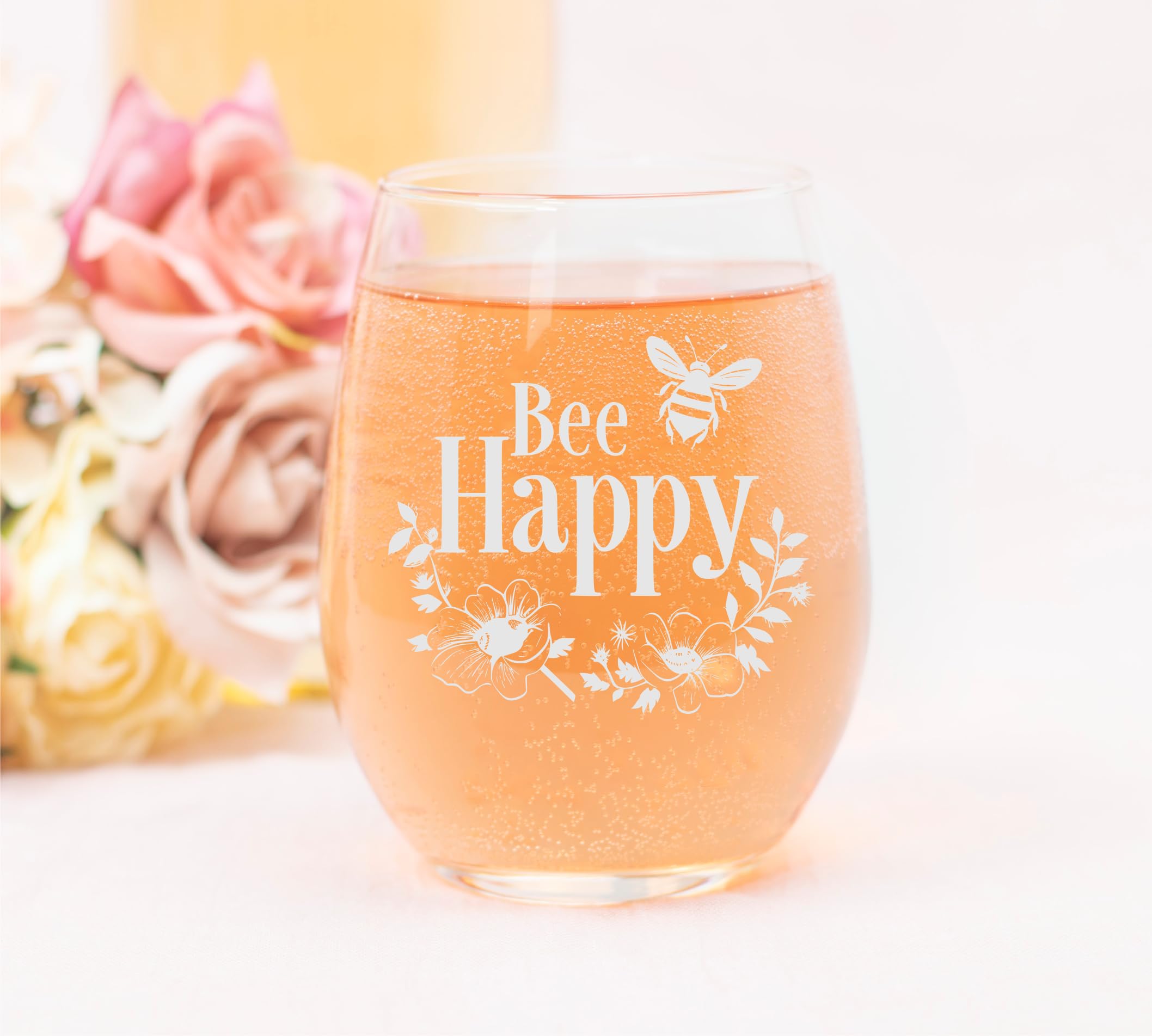stemless wine glass 17 oz with bee motif and floral accents