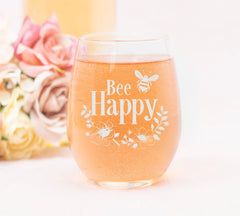 stemless wine glass 17 oz with bee motif and floral accents