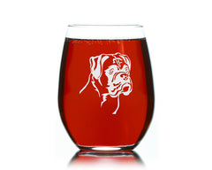 Stemless Boxer Dog etched wine glass in use for table setting
