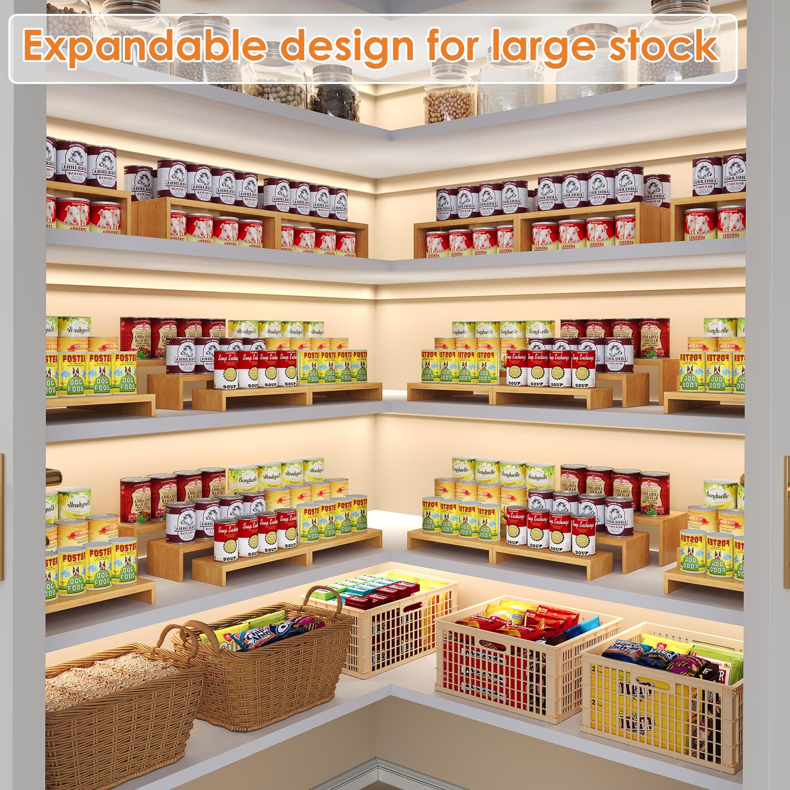 Heavy-duty bamboo can organizer for pantry and cabinet
