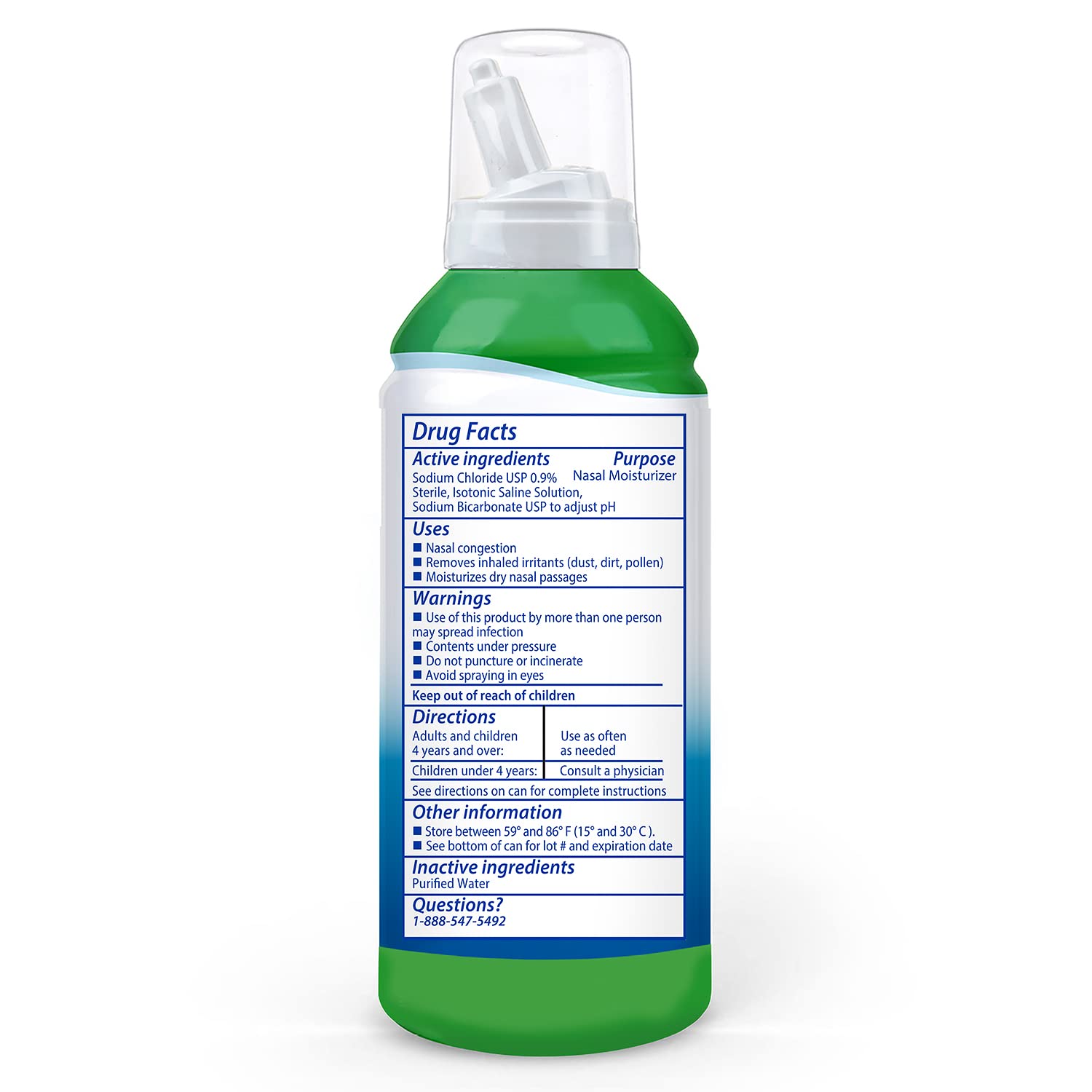 Sterile saline fine mist nasal spray bottle