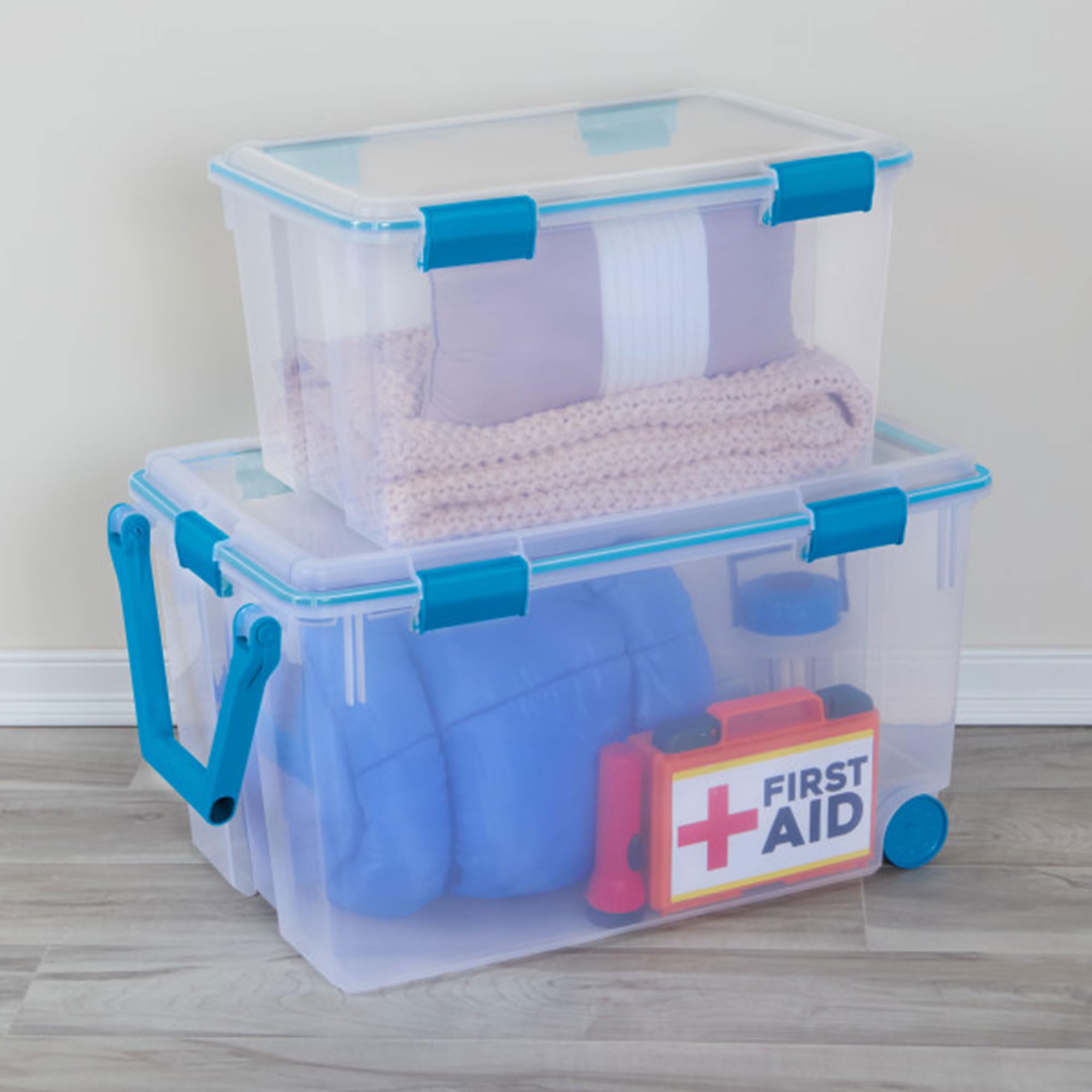Airtight gasket seal and latch clips on Sterilite box