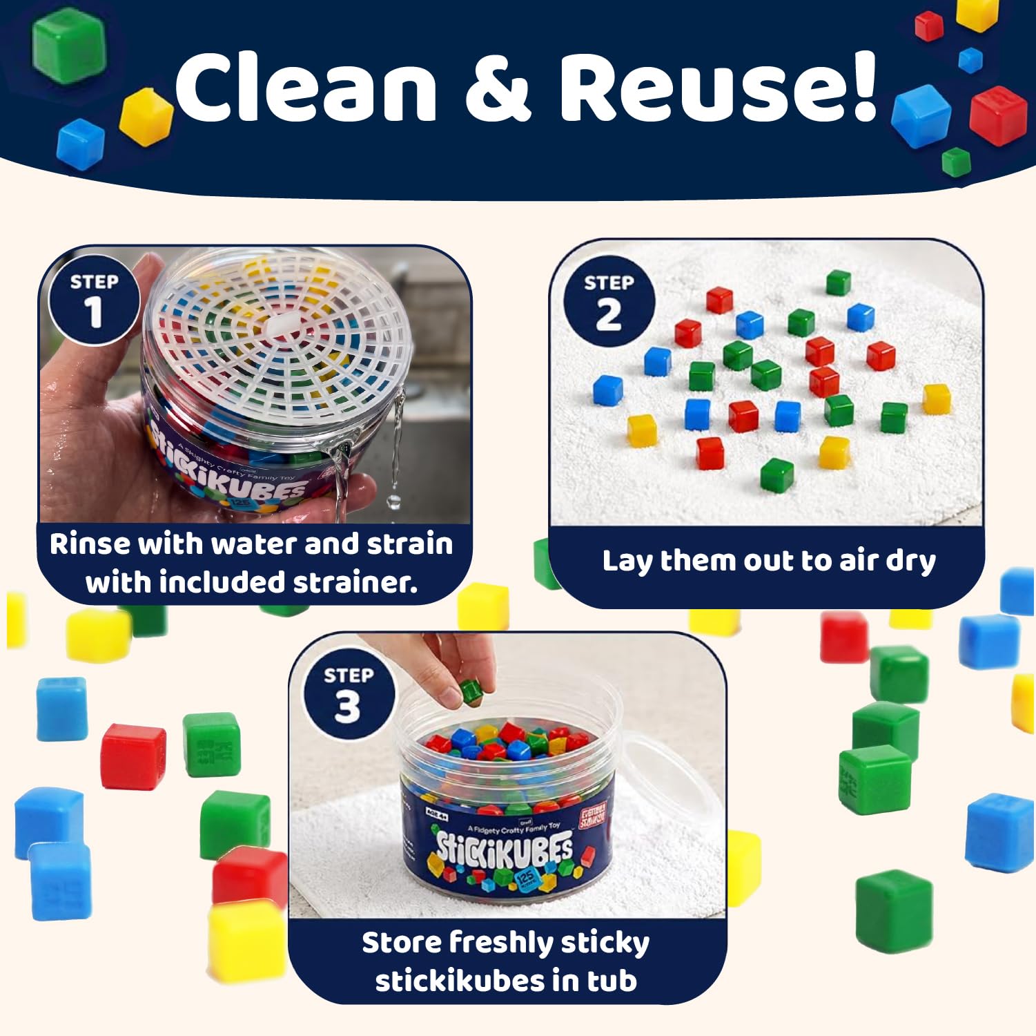 Bright 4 color cube set included in a plastic tub