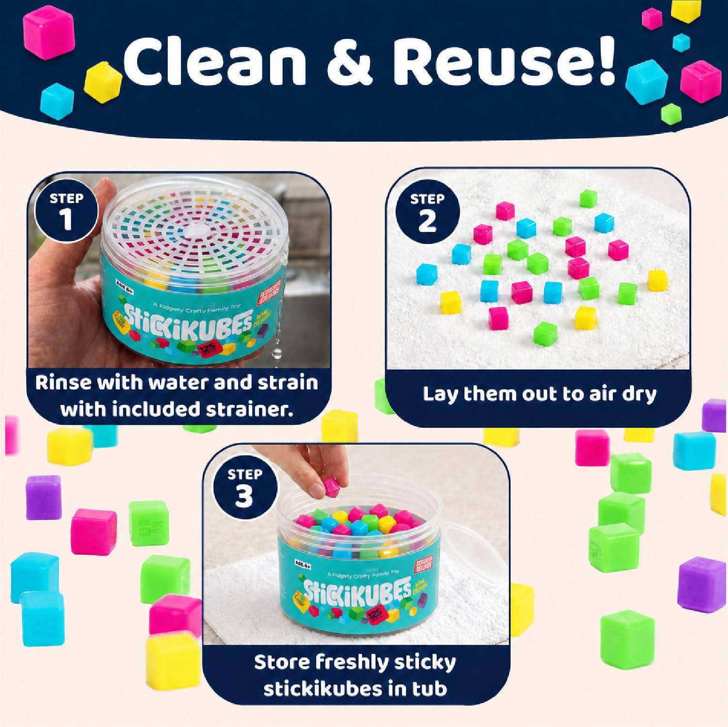 Stickikubes sticky blocks example on a surface not fabric