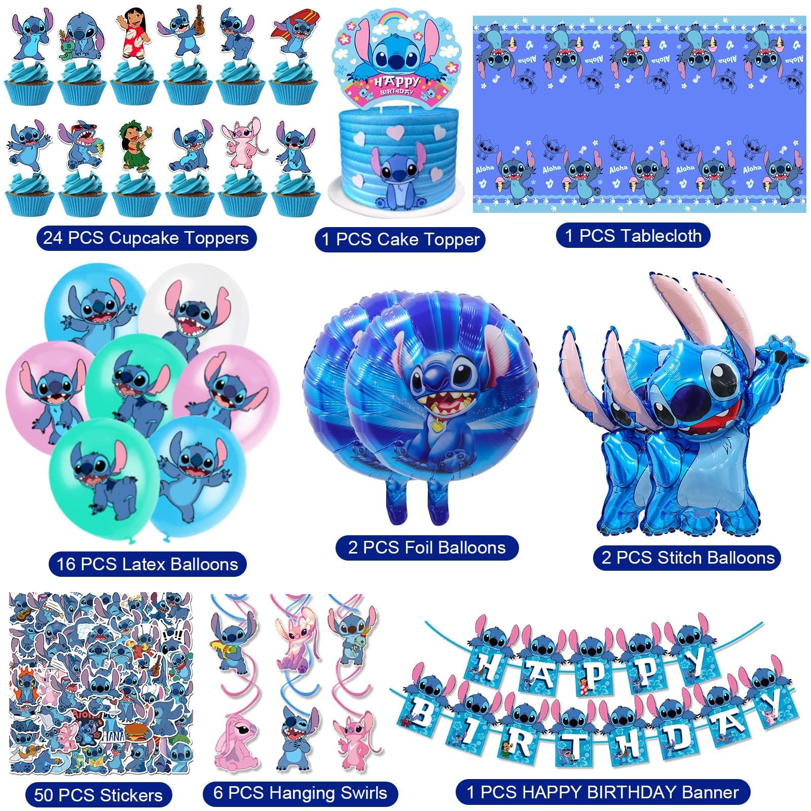 Stitch themed party kit for boys and girls with latex balloons and decorative elements