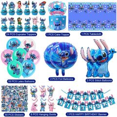Stitch themed party kit for boys and girls with latex balloons and decorative elements