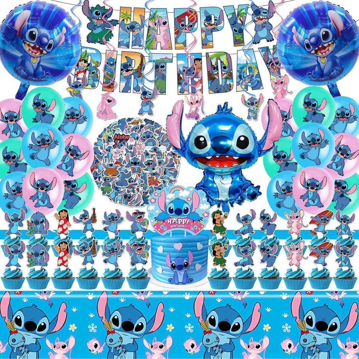 Stitch party banner and tablecloth from 102 PCS birthday decorations set
