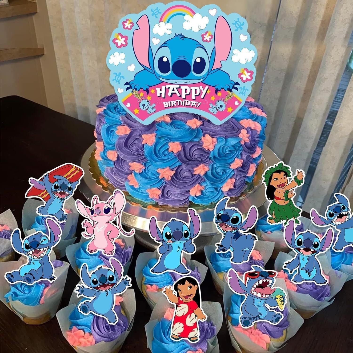 Stitch hanging swirls and cupcake toppers from party decor set