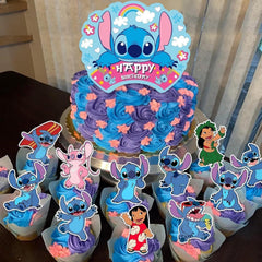 Stitch hanging swirls and cupcake toppers from party decor set