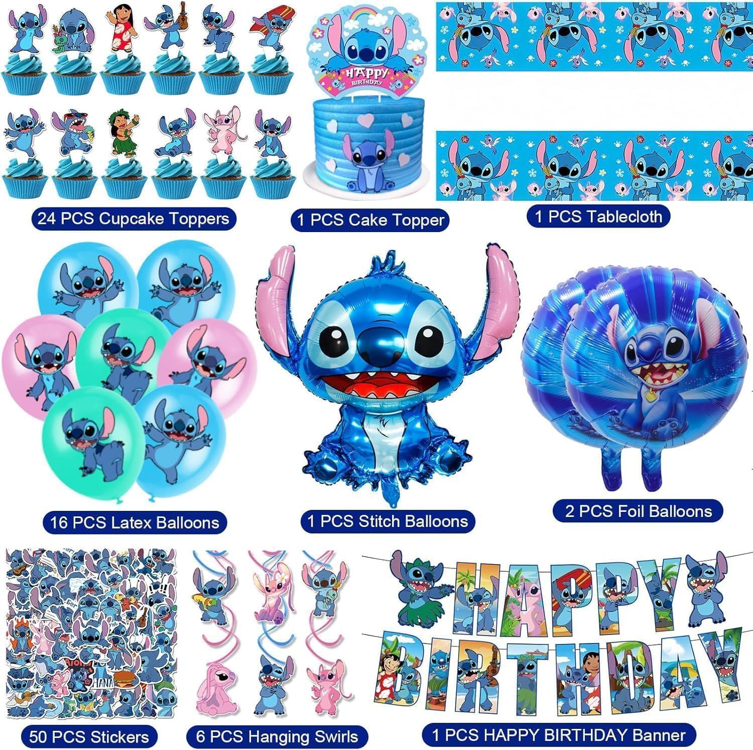 Stitch theme balloons and stickers from birthday decorations set