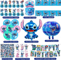 Stitch theme balloons and stickers from birthday decorations set