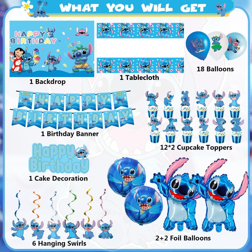Happy birthday banner and tablecloth for Stitch theme