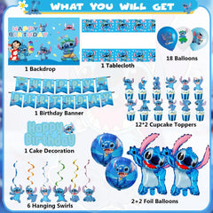 Happy birthday banner and tablecloth for Stitch theme
