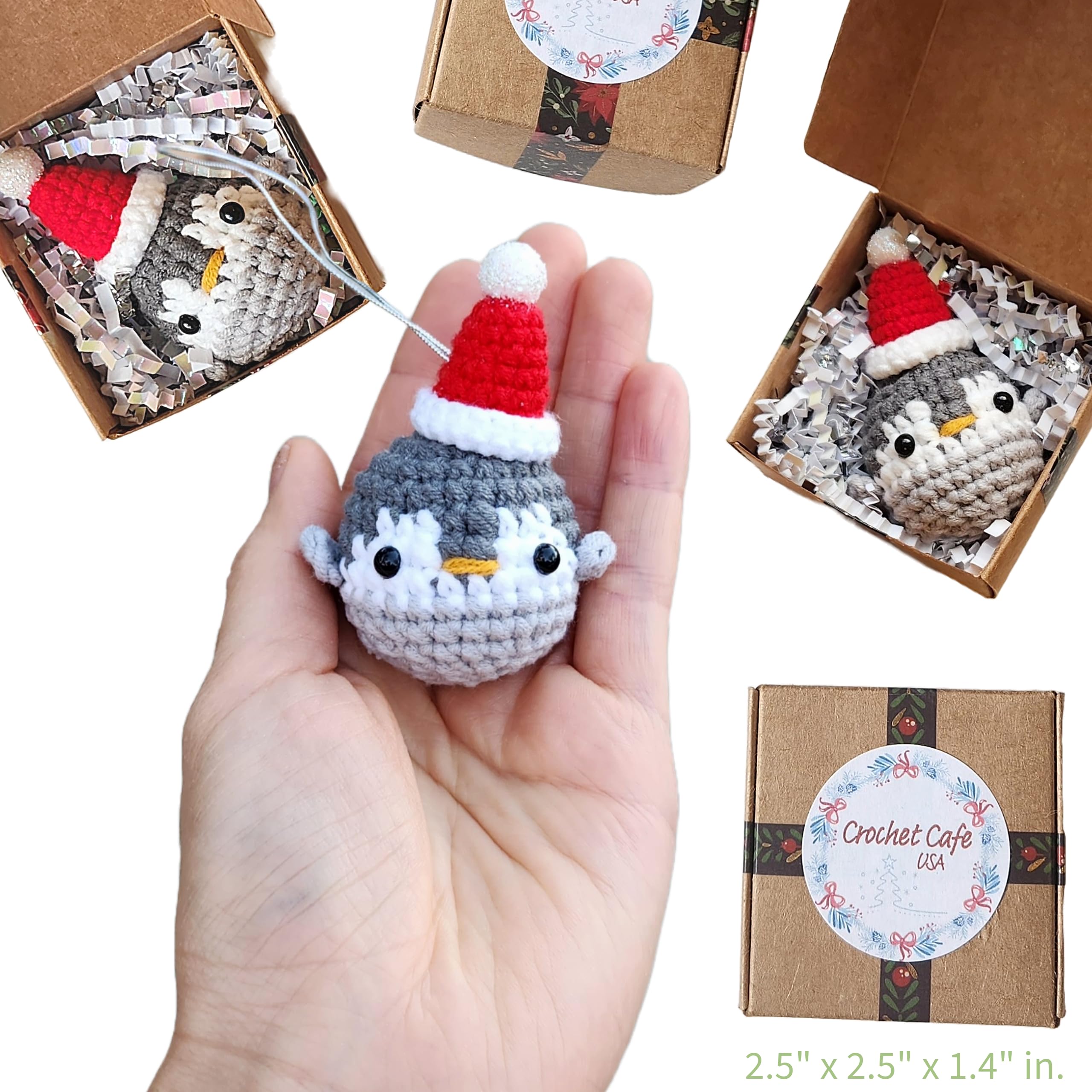 Stocking stuffer crochet ornament Santa Penguin packaging