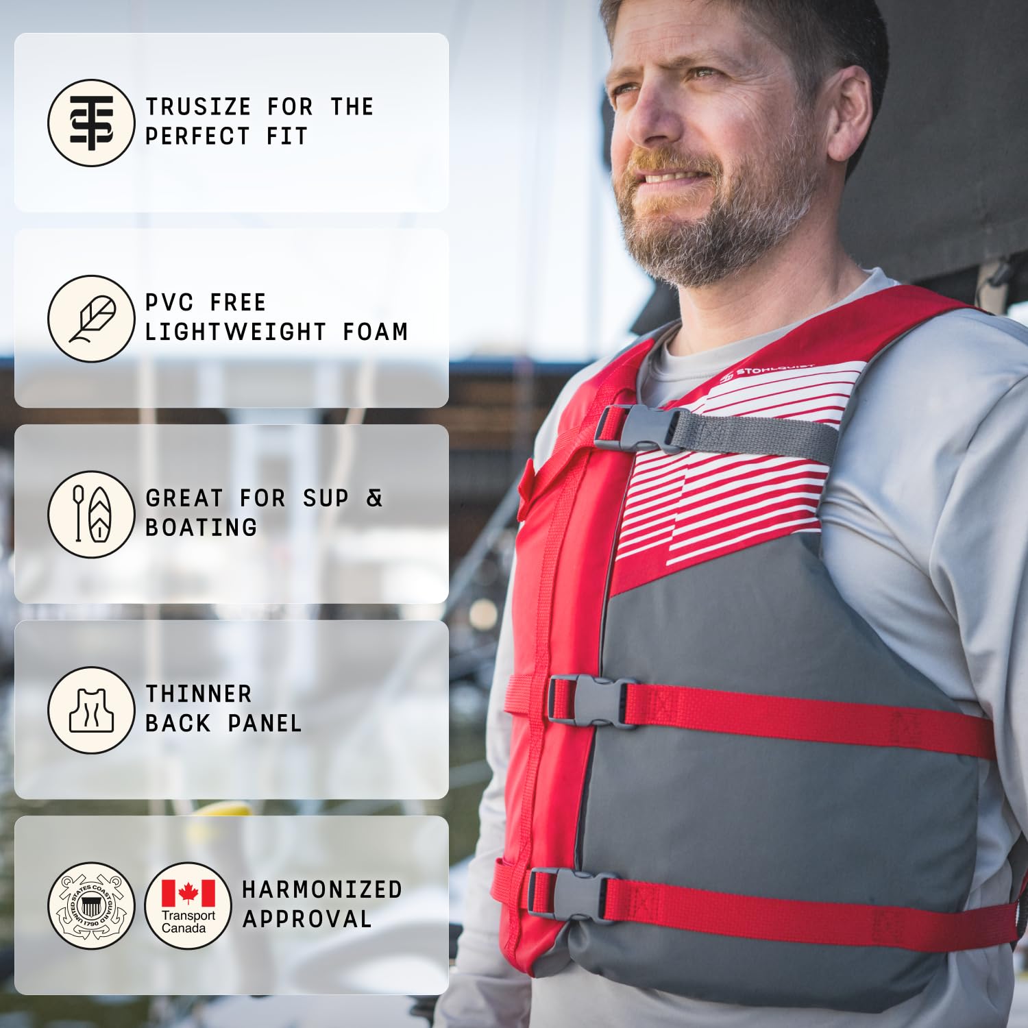 Three front buckles and side straps on Stohlquist PFD