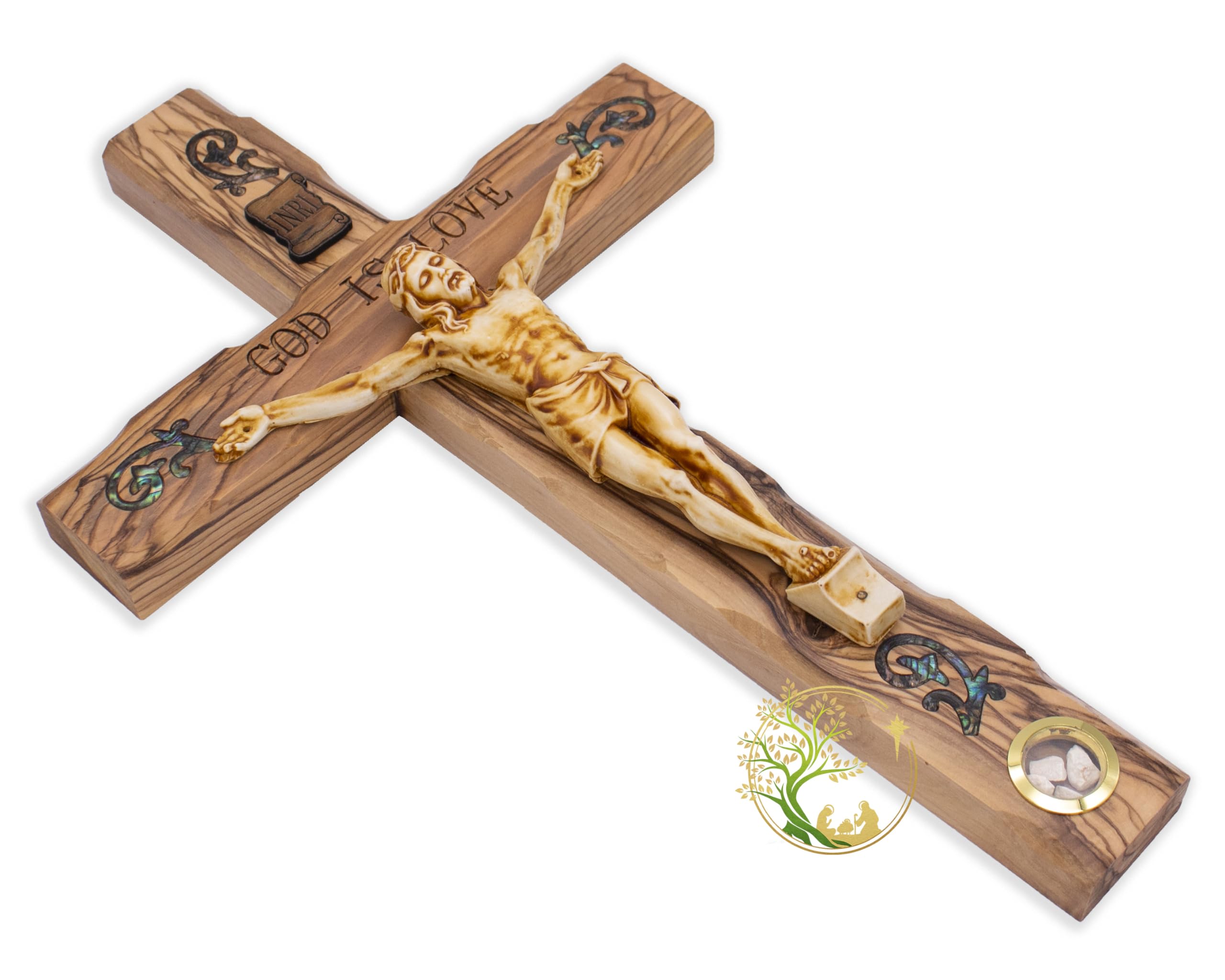 Bottom glass holds stones from the Holy Land on cross