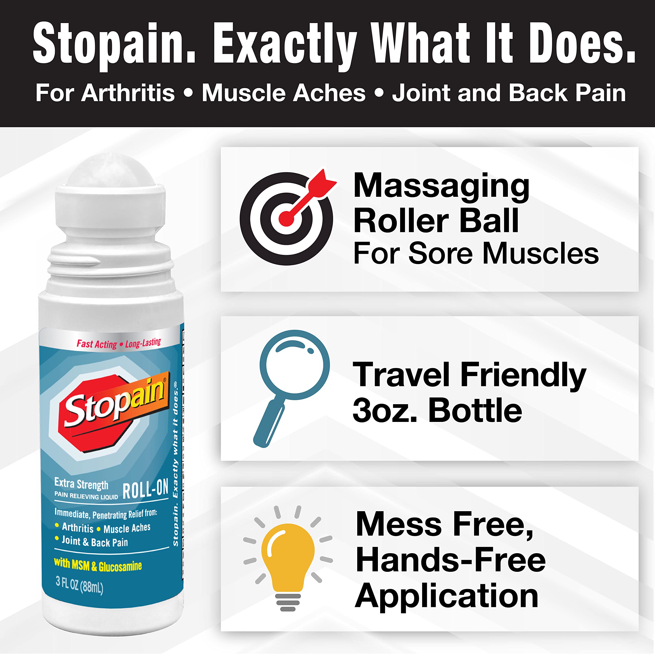Stopain usa made topical analgesic roll on gel packaging