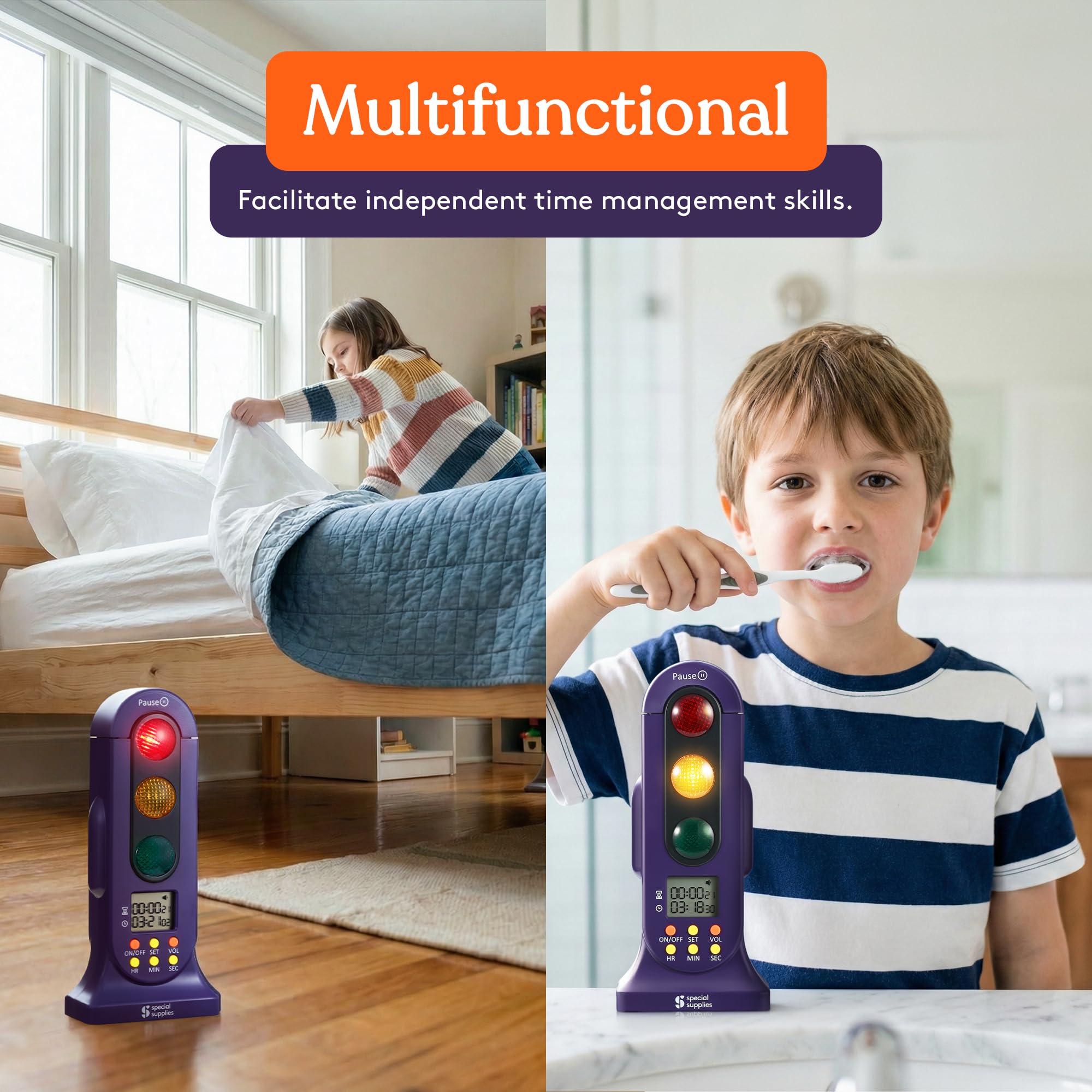 Potty training timer with stoplight cues in use