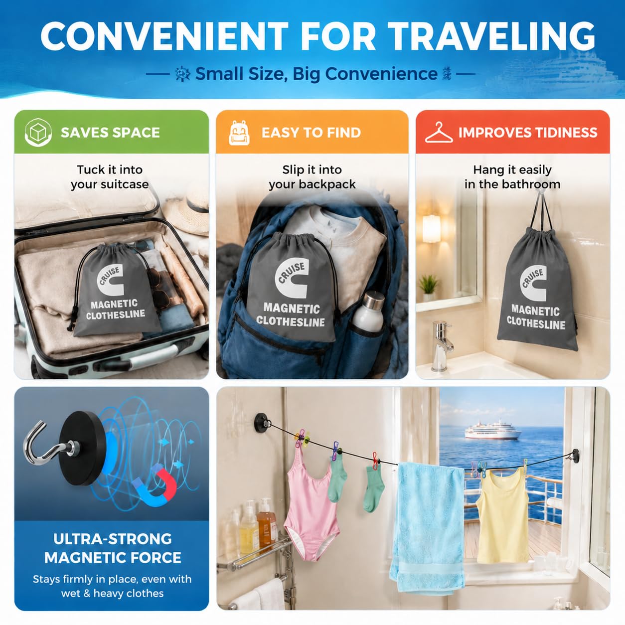 Lightweight and compact clothesline designed for cabins and travel