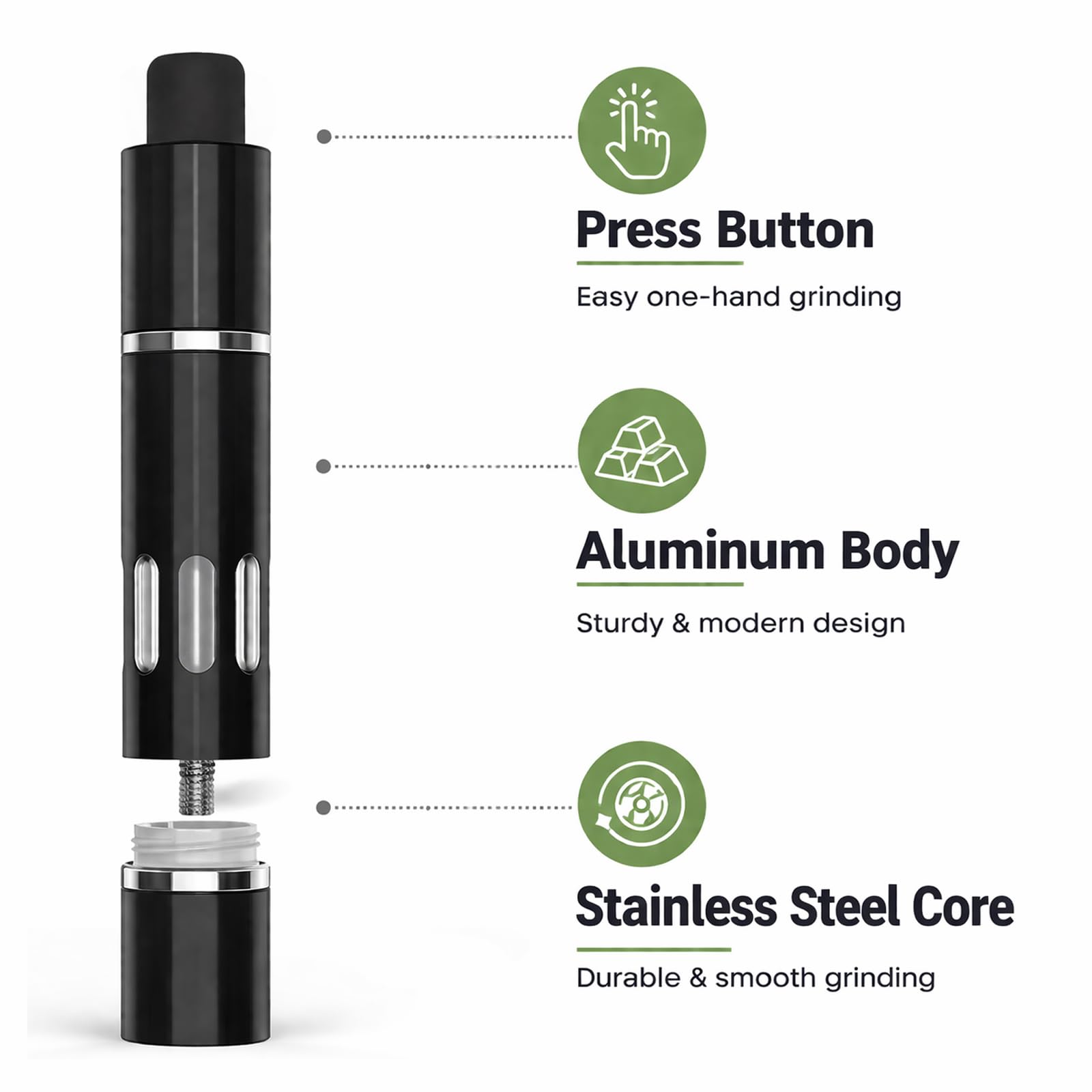 Aluminum body grinders available in silver and black finishes