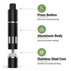Aluminum body grinders available in silver and black finishes