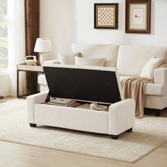 Beige upholstered storage ottoman with lid