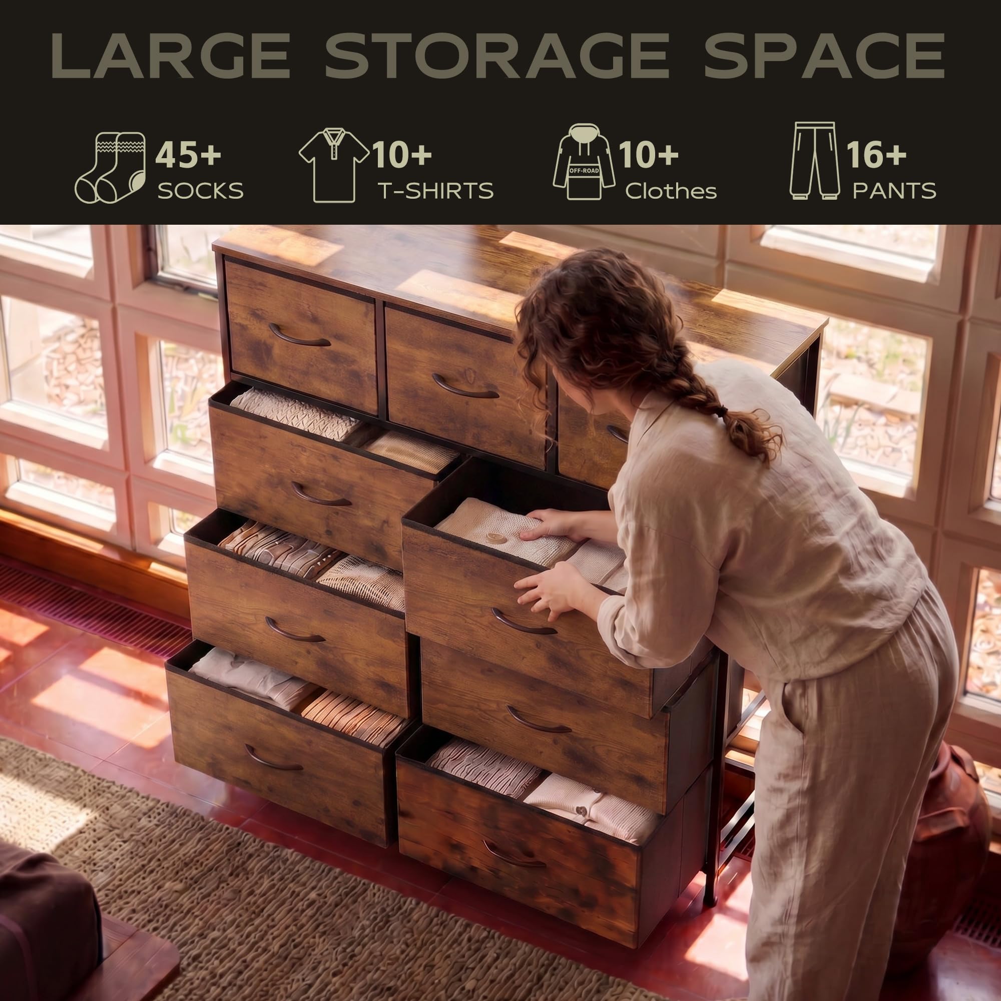 WLIVE tall dresser wooden top and non-woven fabric sides