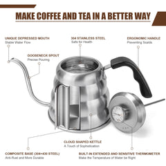 Brushed silver kettle with thermometer for coffee and tea
