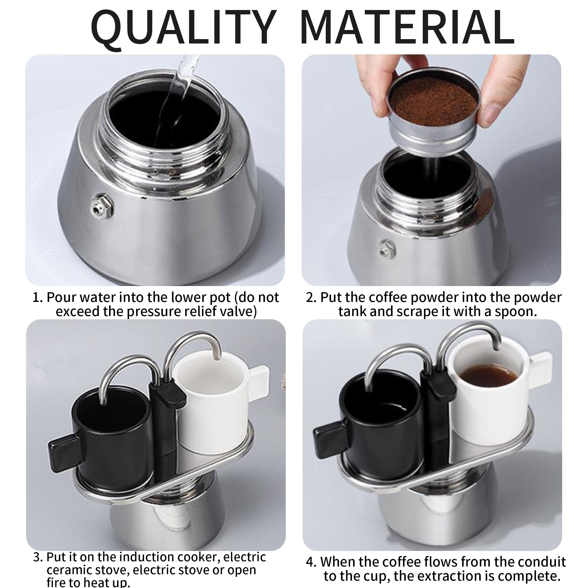 Stainless steel espresso maker suited for stove tops