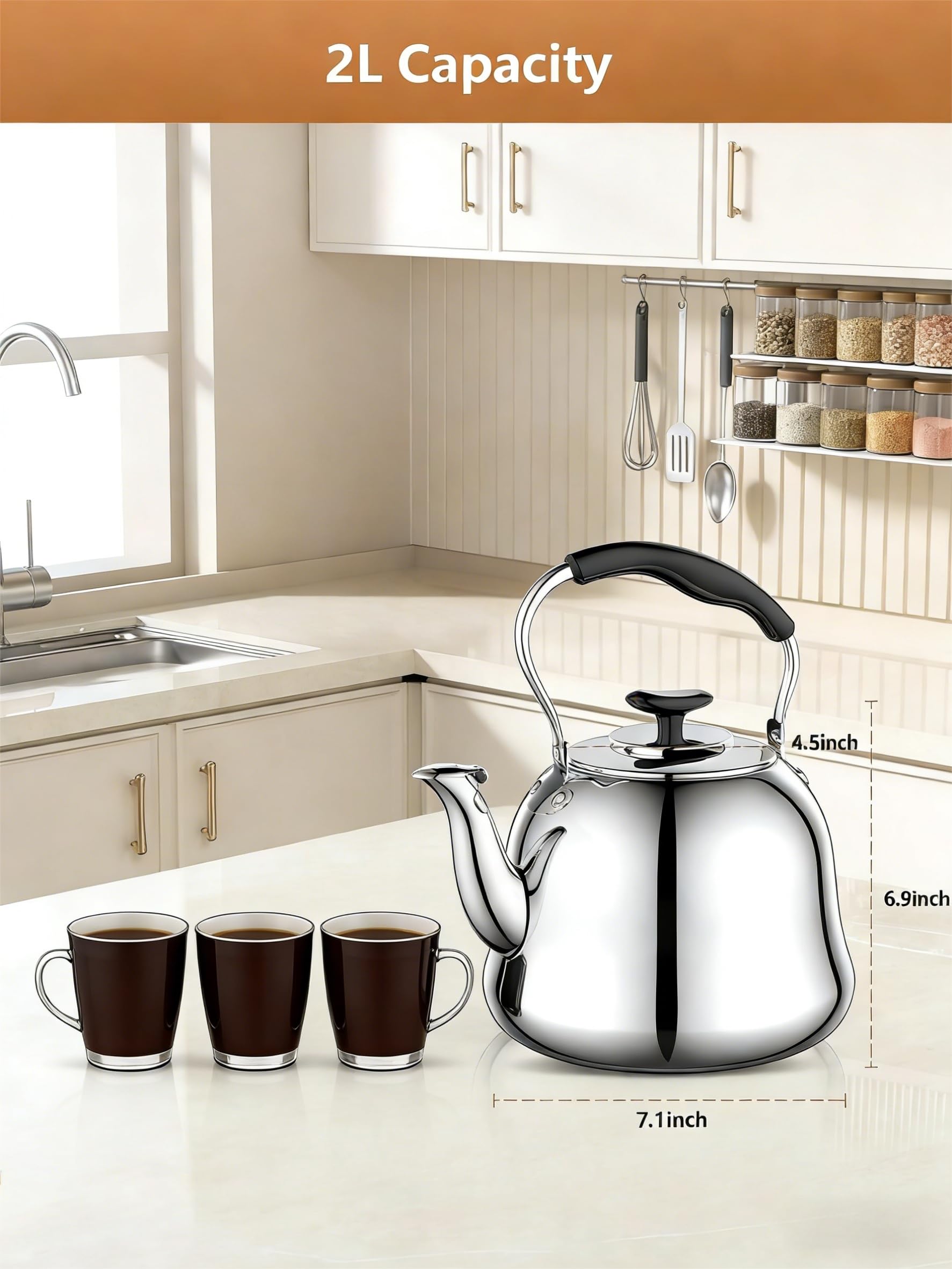 Stovetop tea kettle 2 liter capacity on stove top