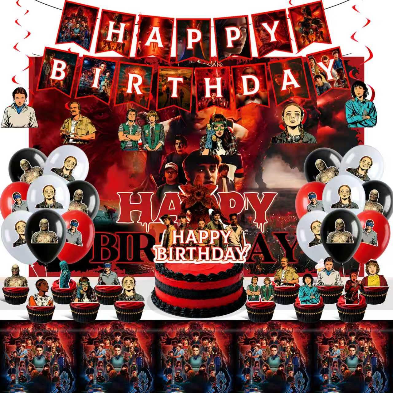 Stranger Birthday Decorations kit with banner backdrop and balloons