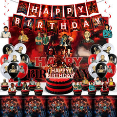 Stranger Birthday Decorations kit with banner backdrop and balloons