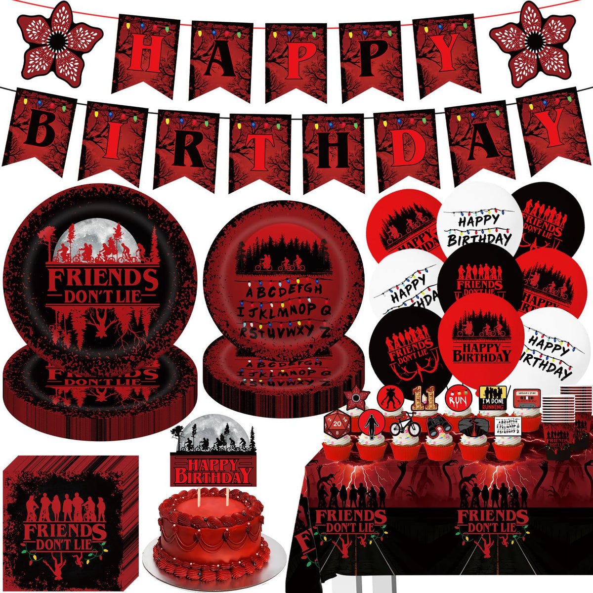 Stranger birthday decorations 104-piece tableware with banner and tablecloth