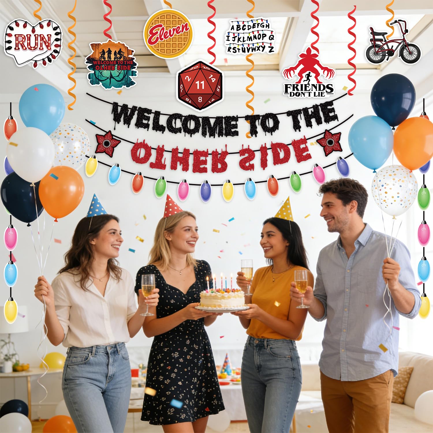 Two hanging banners included in Stranger Birthday Decorations