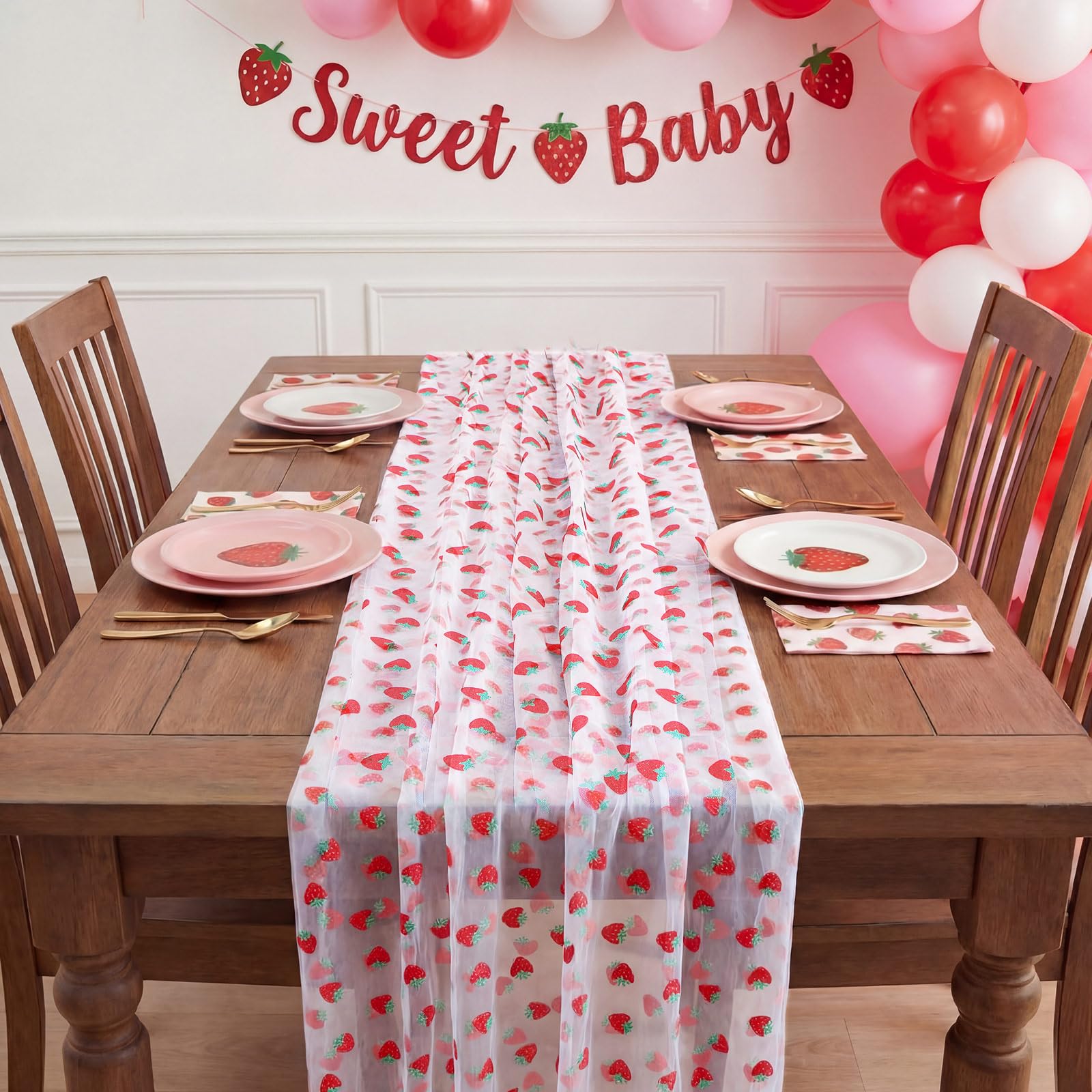 Glitter strawberry pattern table runner 29x70 inches