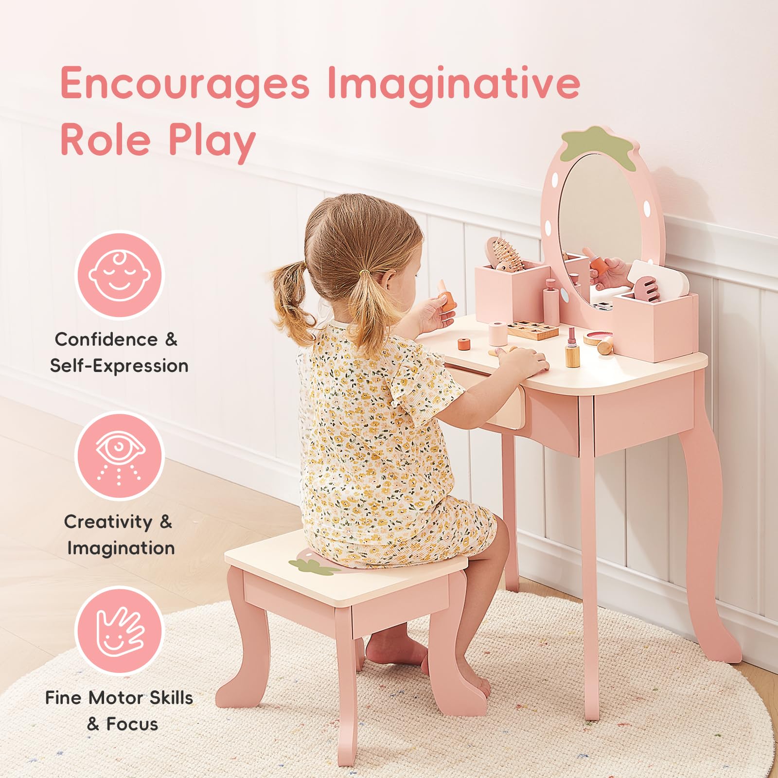 Vanity built-in drawer for storage in pink finish