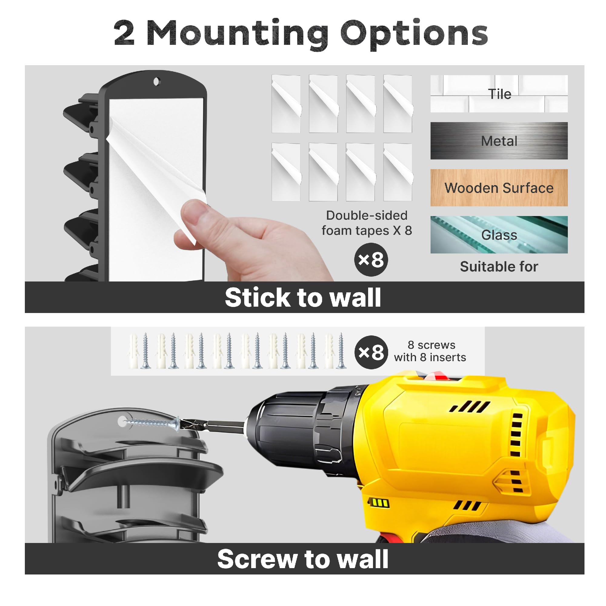 includes adhesive and screws for mounting