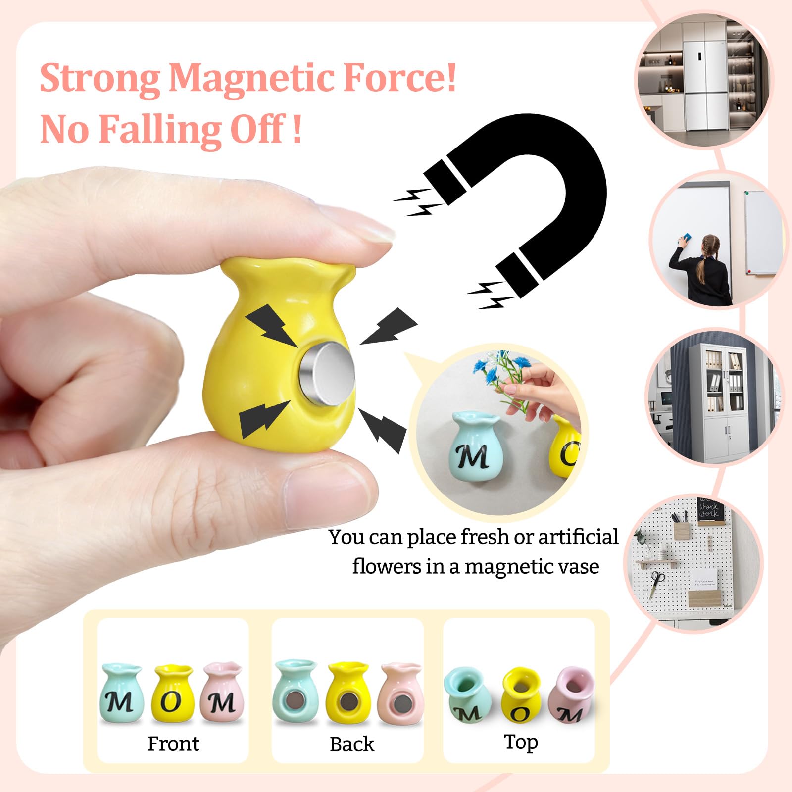 Magnetic back fridge decor with ceramic vases