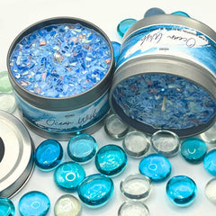 Strongly scented candle packaging closeup