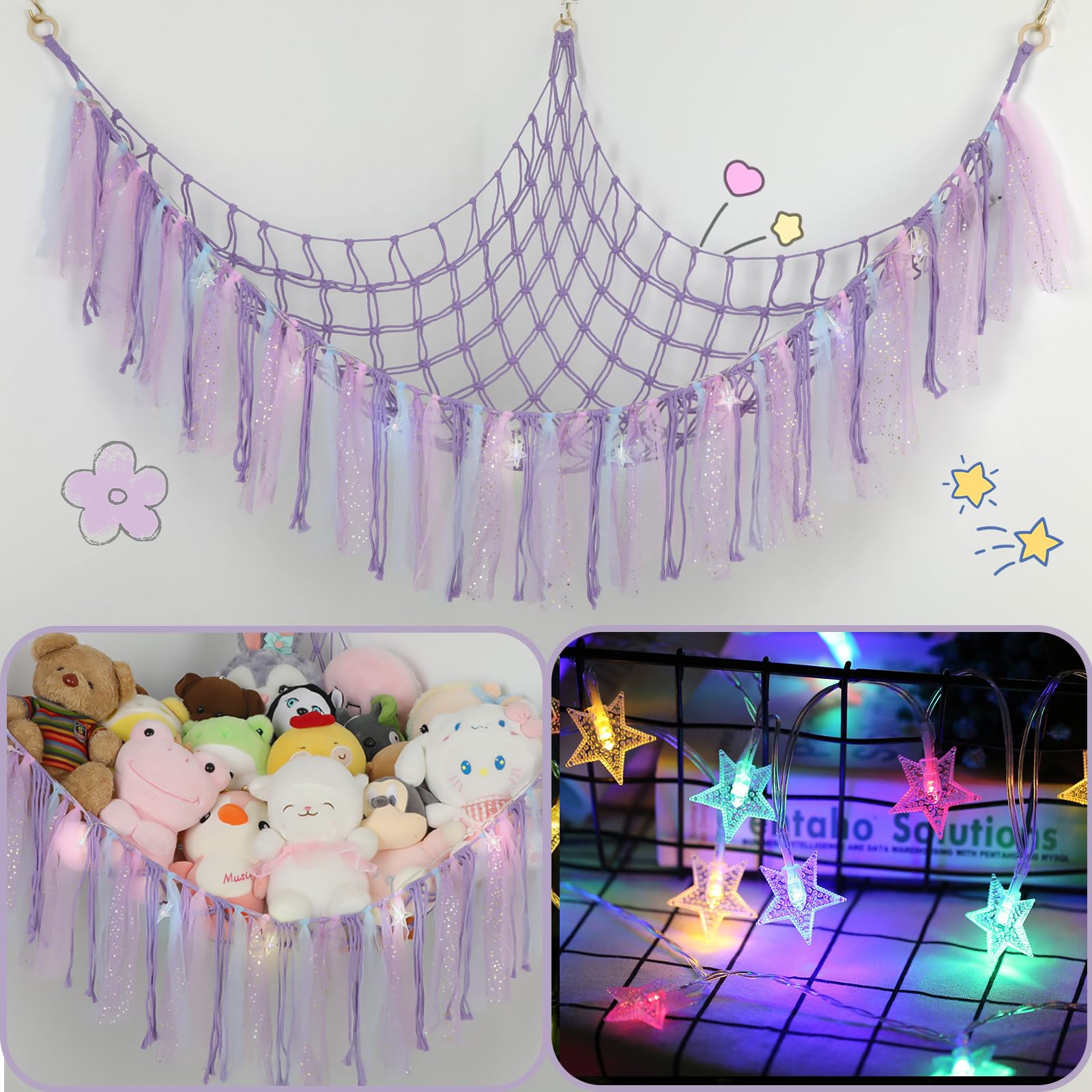 Stuffed Animal Hammock with LED Lights in Handwoven Purple fabric