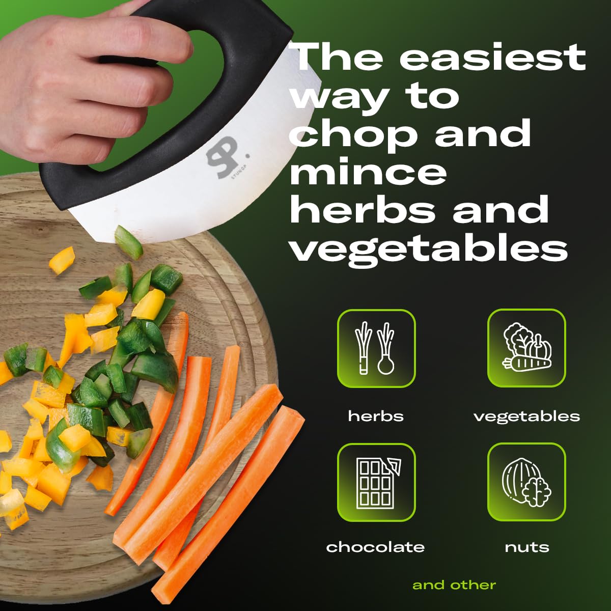 STUNGP Mezzaluna ergonomic non-slip handles for safe chopping
