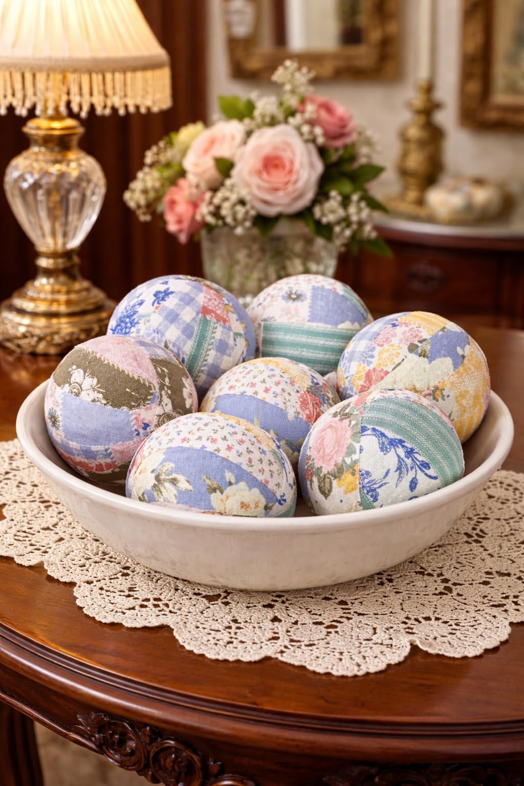 Styrofoam core ball wrapped in fabric for decor