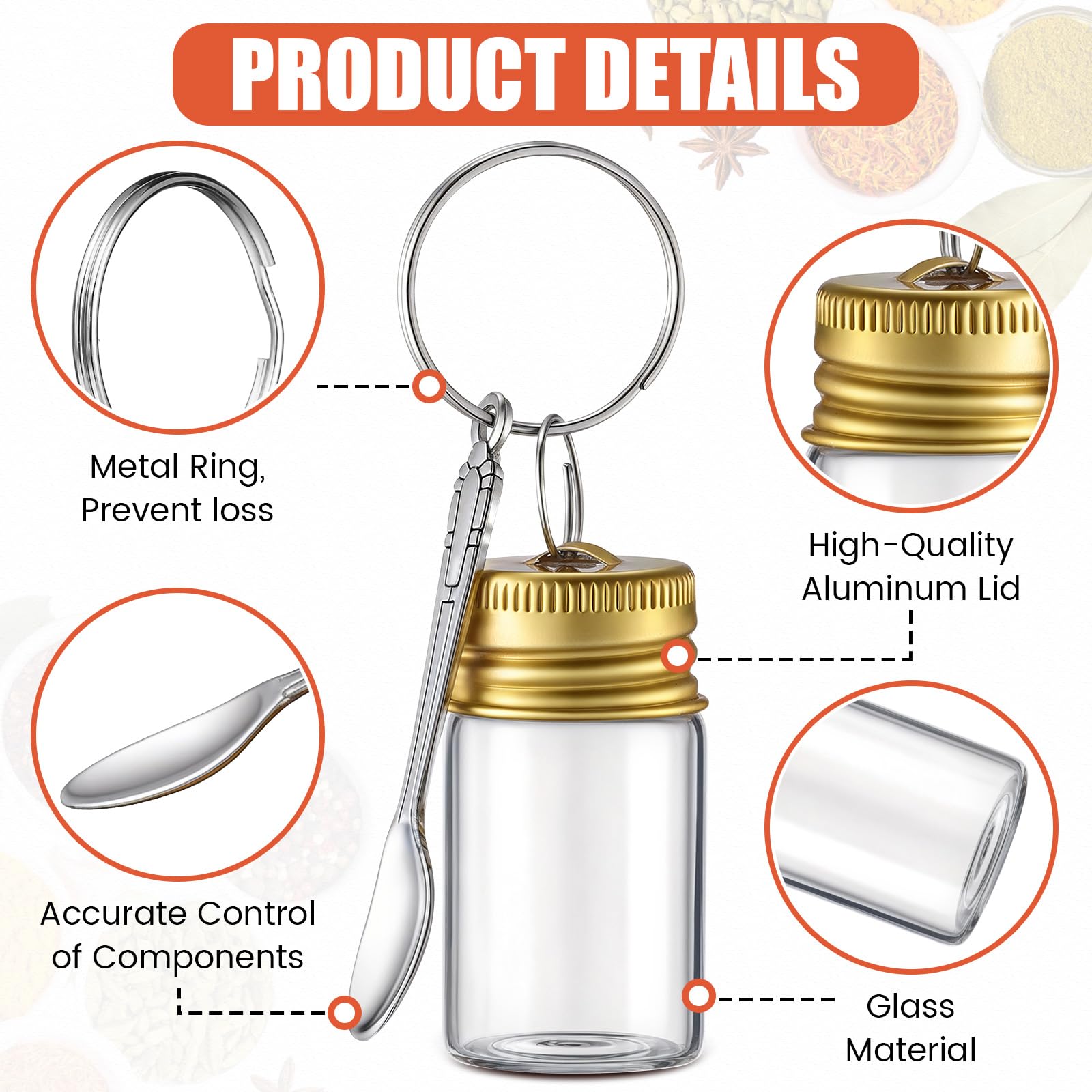 Gold glass spice containers portable travel set with lid