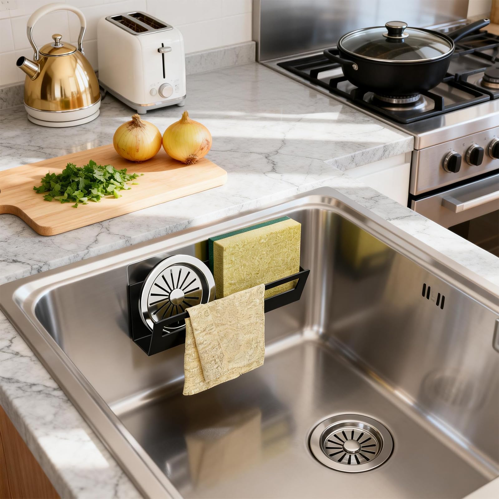 Adhesive hook and suction cup mounting for sink caddy