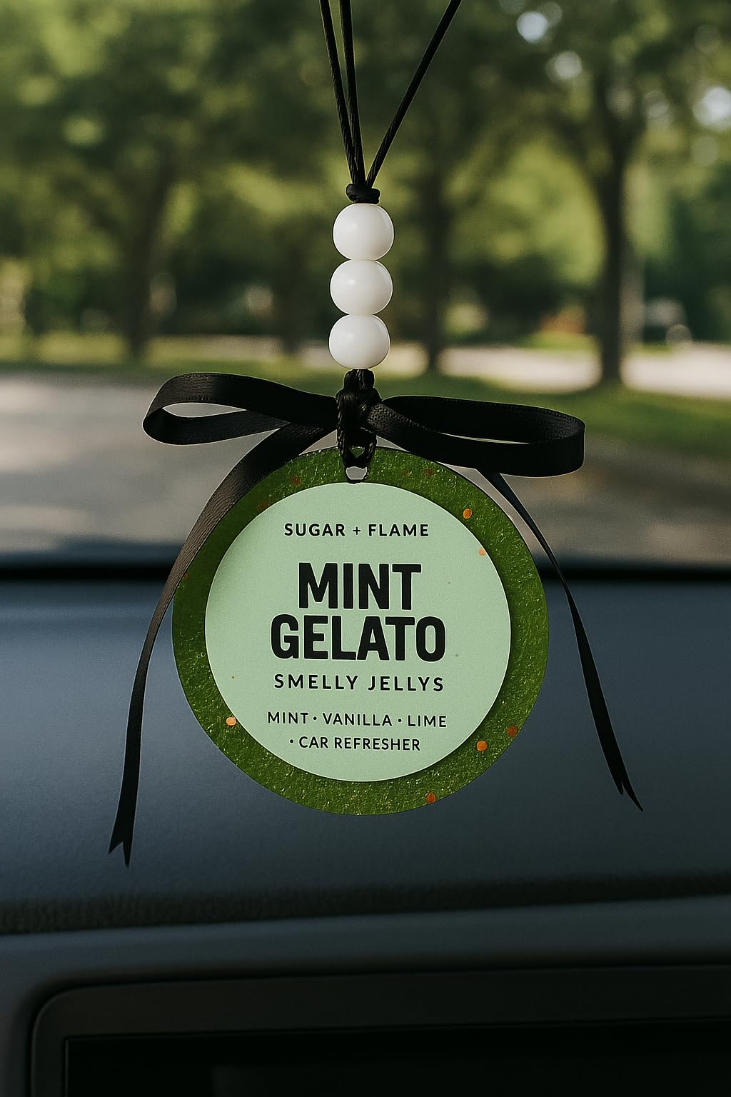 Mint Gelato Smelly Jelly car air freshener hanging in small space