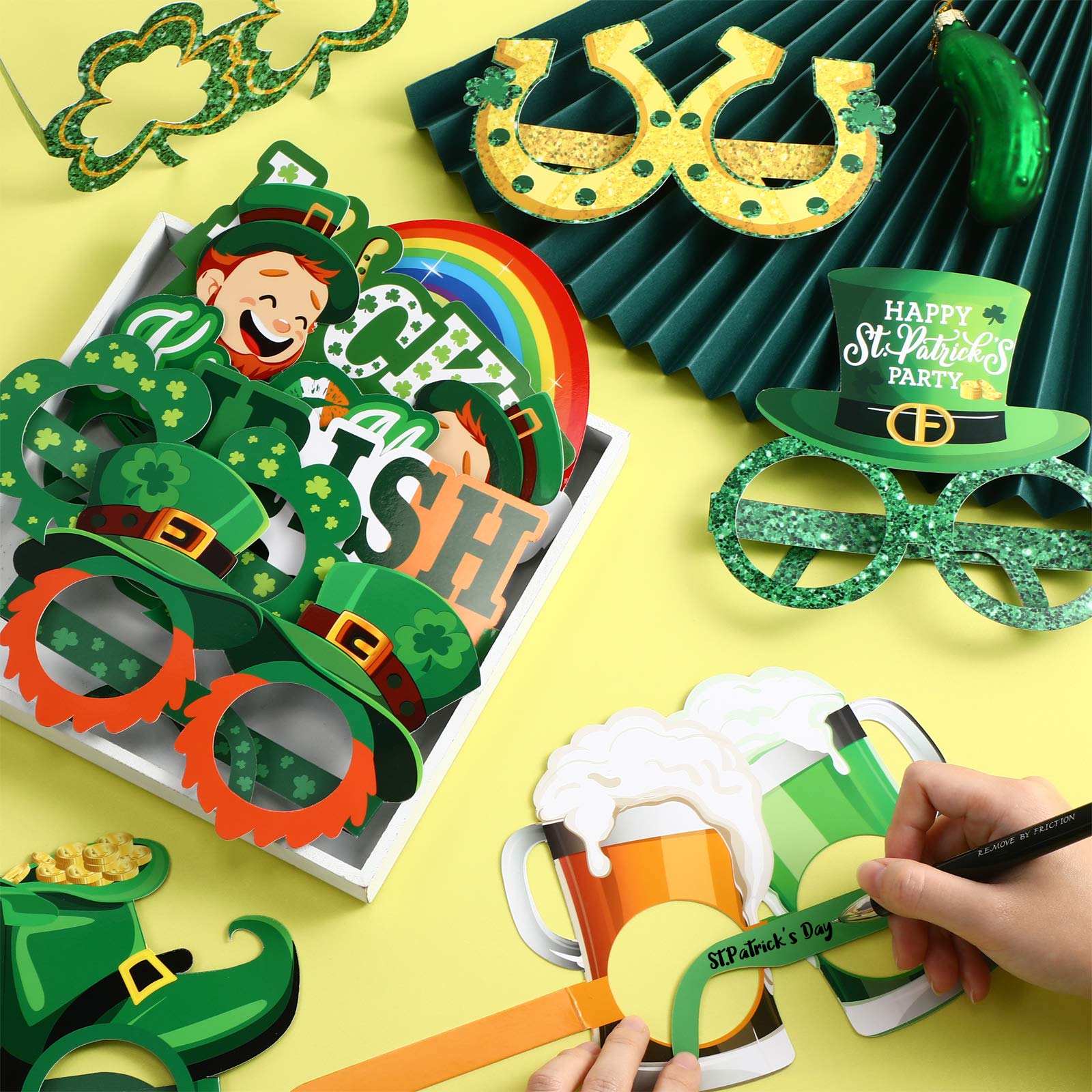 St Patrick's Day glasses used as photo props and party decor