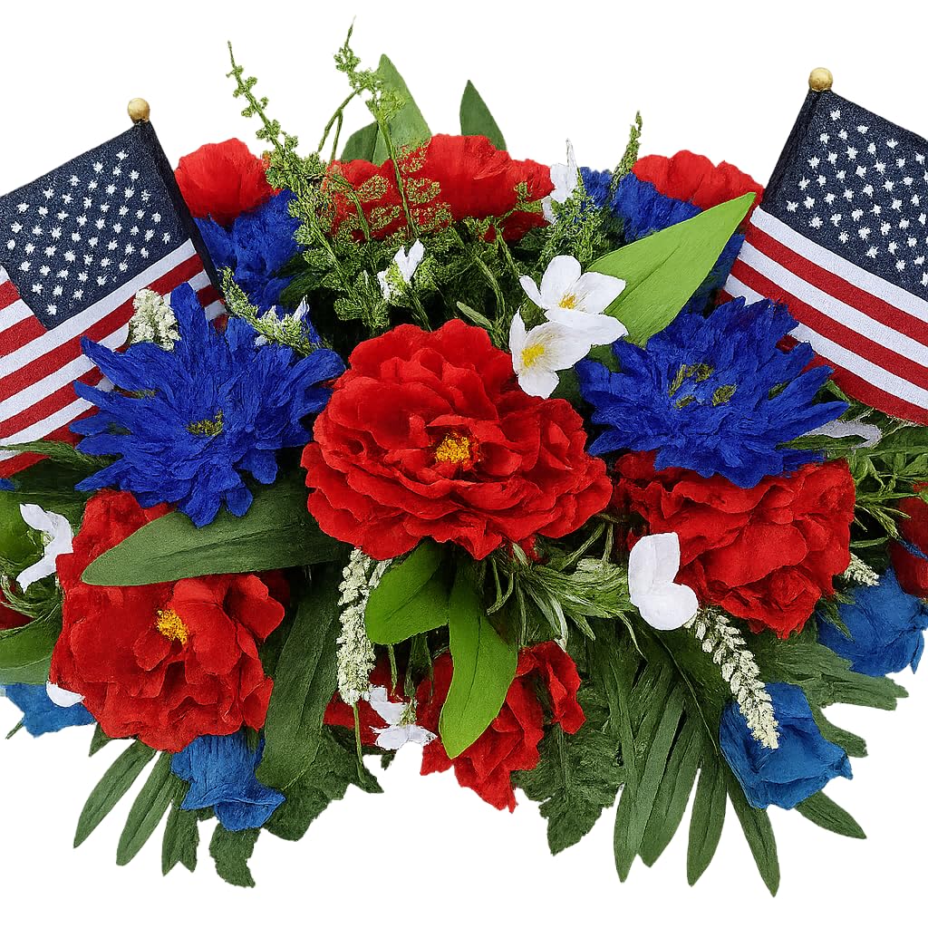 summer patriotic cemetery flowers headstone saddle arrangement on grave marker
